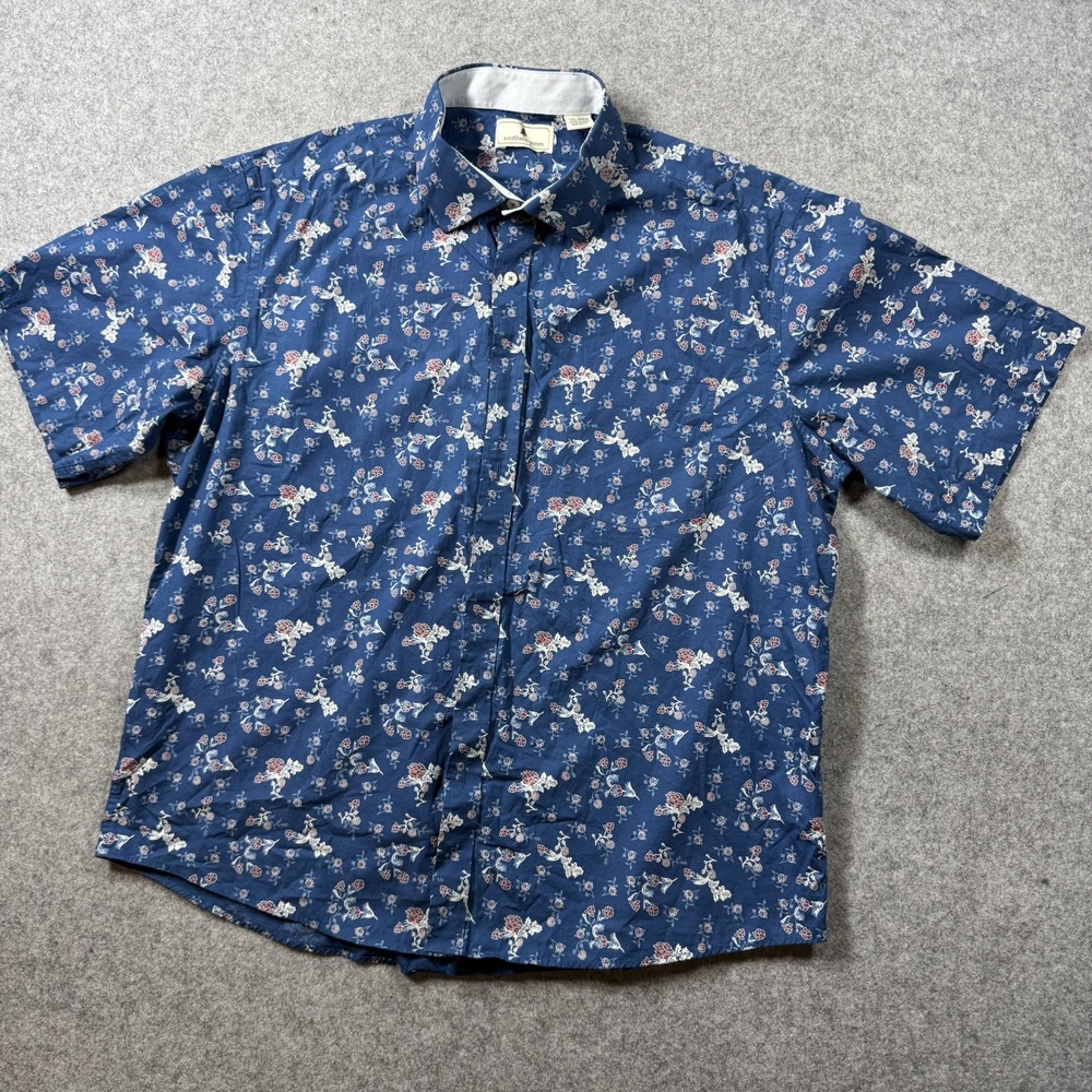 Southern Pines Mens Floral Button Down Shirt XXL Blue Cotton Short Sleeve